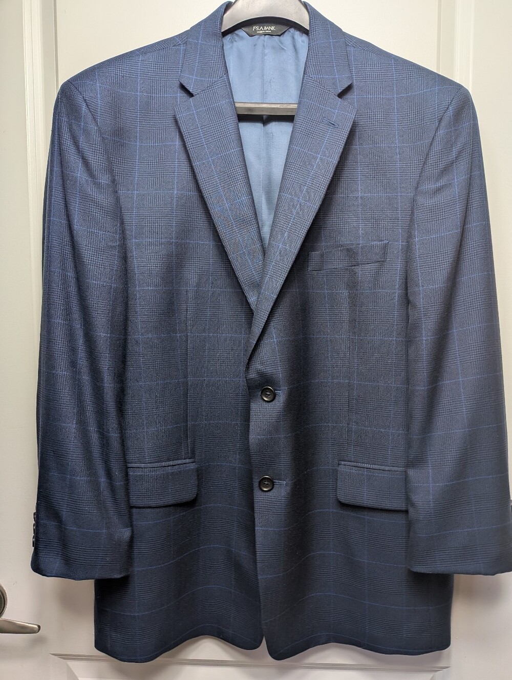 Jos A Bank Signature Men's Blazer NavyPlaid Windowpane Silk Wool Sport Coat, 46R